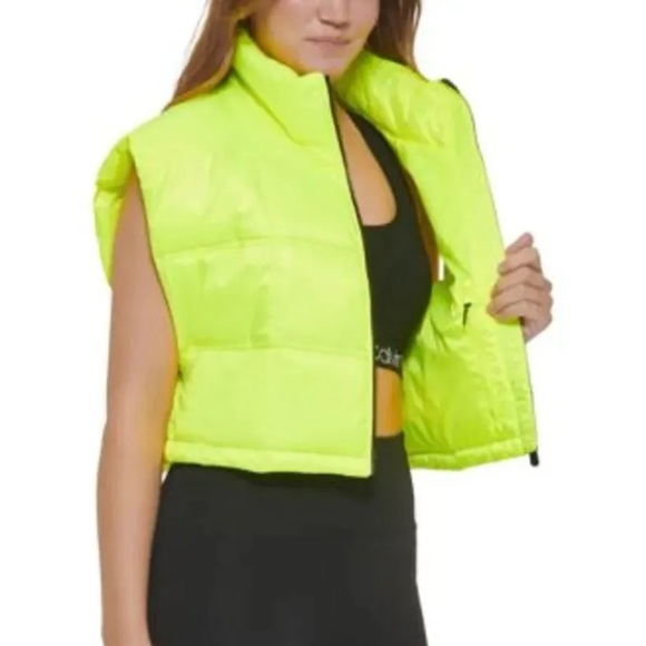 ❇️Calvin Klein❇️ Cropped Mock-Neck Zip-Up Puffer Vest In Neon Green  Size M - Picture 5 of 9